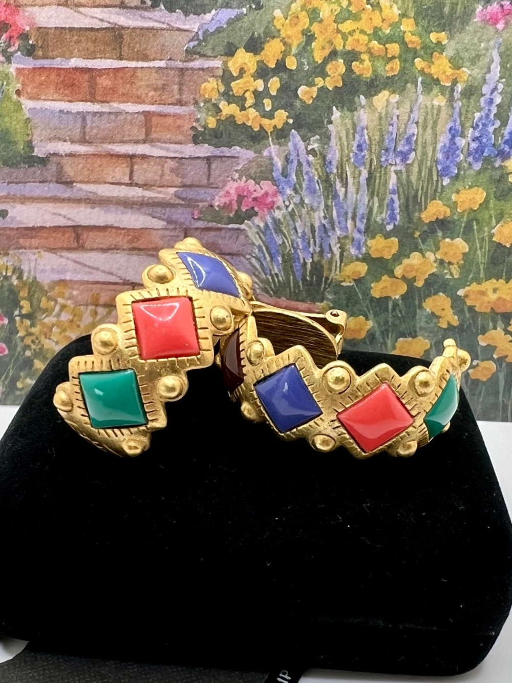 The Limited Colorful Etruscan Style Semi Hoop CLIP Earrings